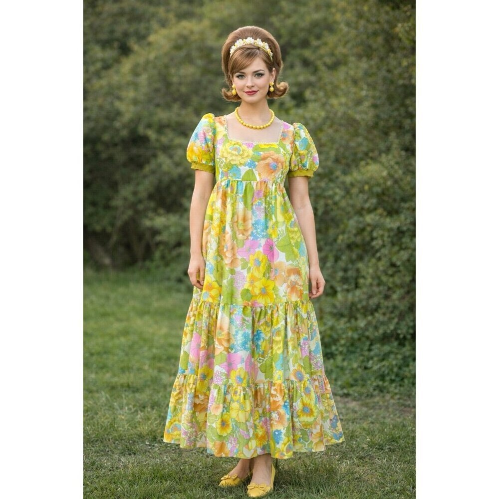 Vintage 1960s Womens Maxi Dress Sz Small Medium Boho Floral Puff Sleeve Tiered